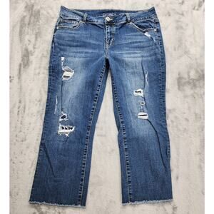 Maurices Jeans Women 14 Blue Distressed Mid Rise Straight Leg Crop Capri Raw Hem
